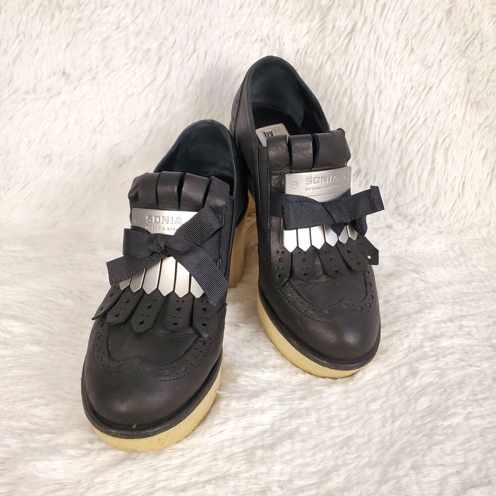 Sonia Rykiel Vintage Platform Leather Fringe Wingtip Heel Shoes Black Size 36 EU
